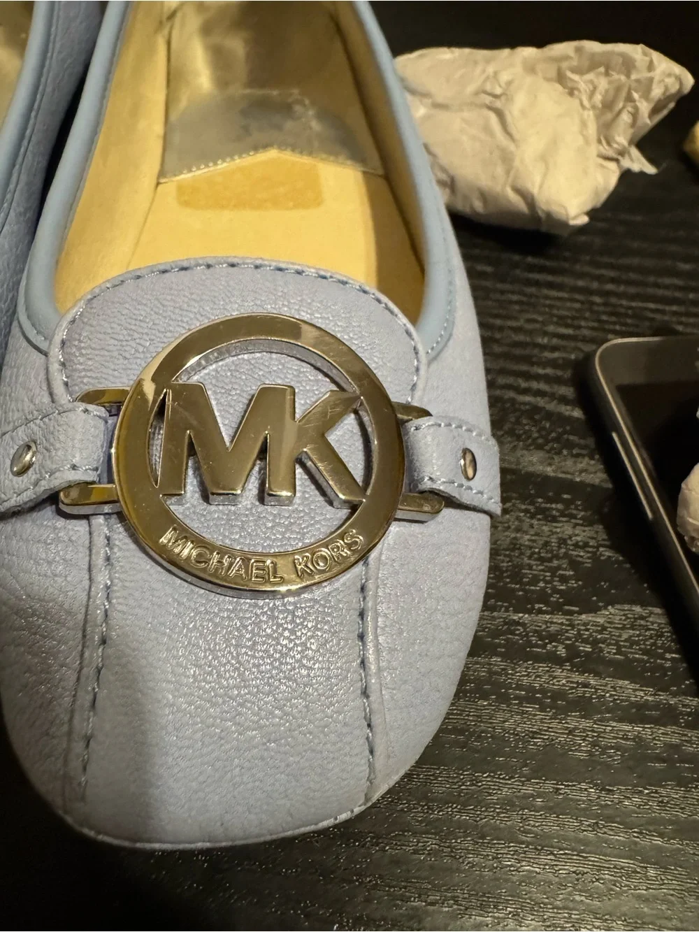Michael Kors Pastel Blue Leather MK Logo Loafers